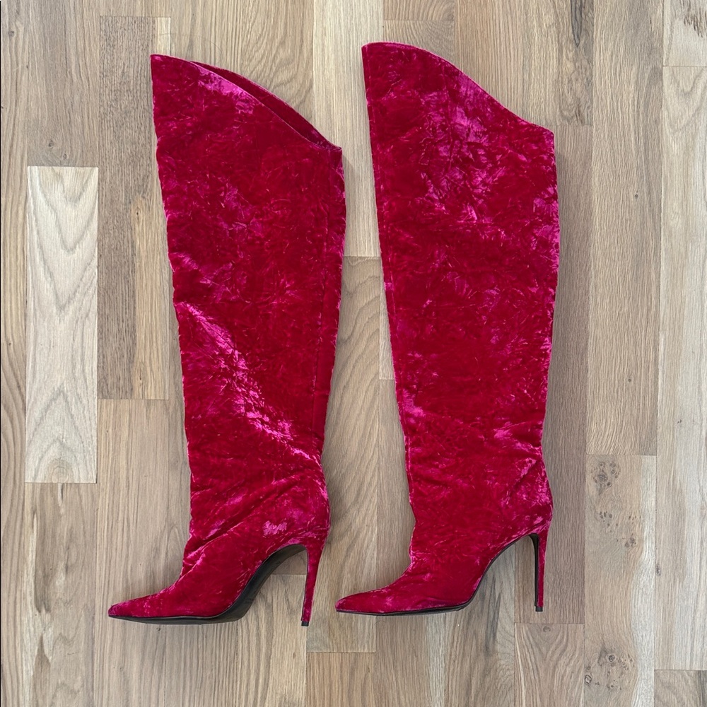 Fushia Pink Velvet Knee-High Women's Boots